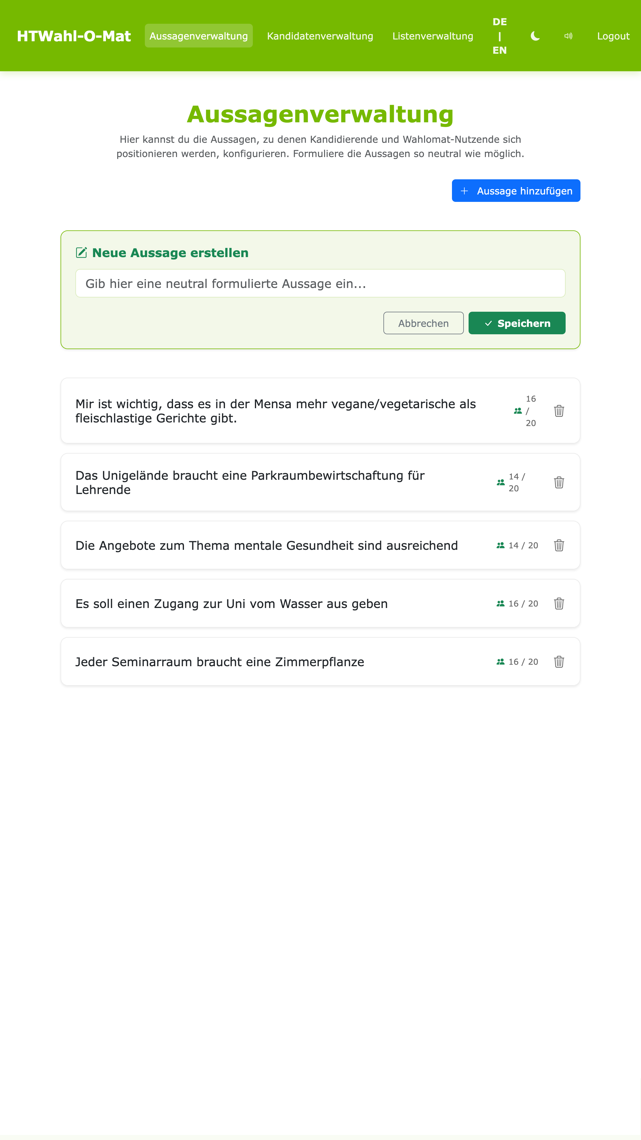 Admin Aussagenverwaltung