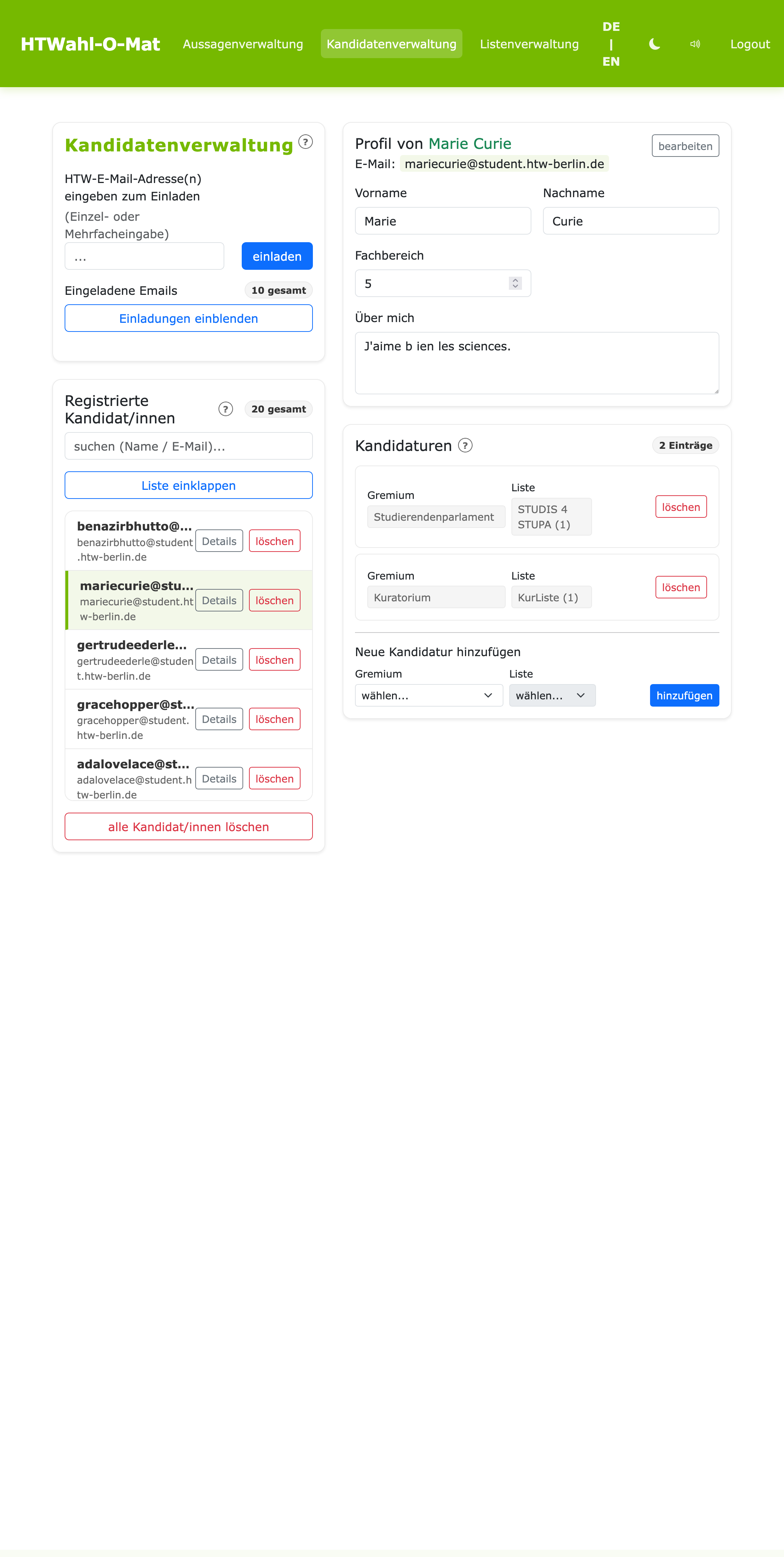 Admin Kandidatenverwaltung